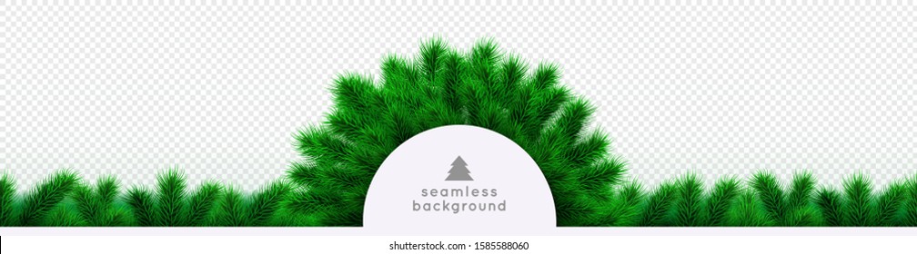 Christmas tree branches seamless background. Vector header, web banner or social media decoration with Christmas tree branches, round frame, and logo. Xmas, noel, winter and Navidad design element.