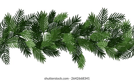 Christmas tree branches Seamless horizontal border. Vector graphic line ink illustration. Holiday garland isolated on transparent background. For logo, web, package, sticker.
