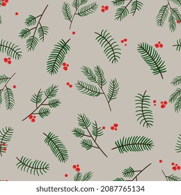 Christmas tree branches seamless pattern. Hand drawn texture with natural winter elements. Holiday vector wallpaper