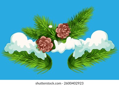 Christmas tree branches with snow and pine cones