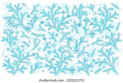 Christmas tree branches with snowflakes background. Holiday design for flyer, greeting card, banner, celebration poster, party invitation or calendar.