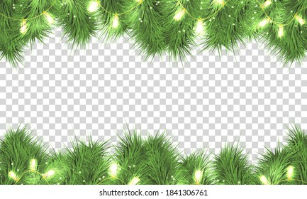 Christmas tree branches with sparkle lights. Holiday garland isolated on transparent background.