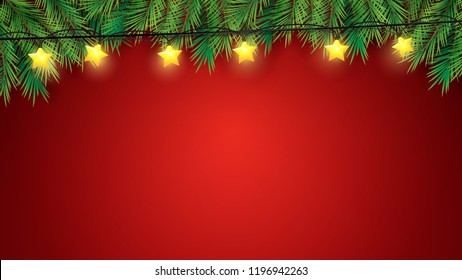 Christmas tree branches and stars lights over red background