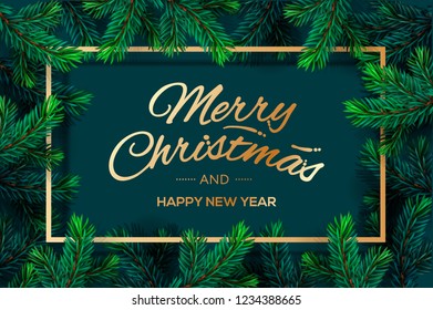 Christmas Tree Branches template. Merry Christmas and Happy New Year golden lettering with border frame, vector illustration.