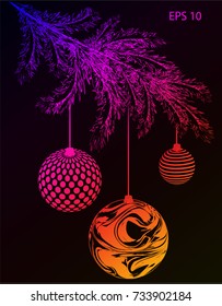 Christmas tree branches with toy. Fir branches. Sketch graphics holiday illustration. Festive design for New Year prints, decoration, cards.