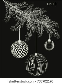 Christmas tree branches with toy. Fir branches. Sketch graphics holiday illustration. Festive design for New Year prints, decoration, cards.