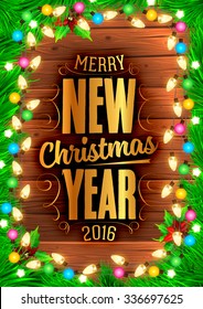 Christmas tree branches and Xmas Toys. Wood background. Old texture for retro holiday design. Illustration for Xmas and New Year design.