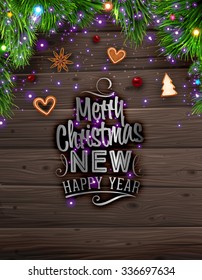Christmas tree branches and Xmas Toys. Wood background. Old texture for retro holiday design. Illustration for Xmas and New Year design.