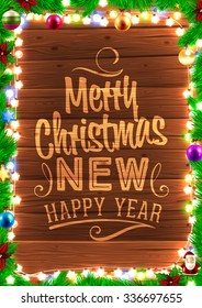 Christmas tree branches and Xmas Toys. Wood background. Old texture for retro holiday design. Illustration for Xmas and New Year design.