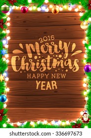 Christmas tree branches and Xmas Toys. Wood background. Old texture for retro holiday design. Illustration for Xmas and New Year design.