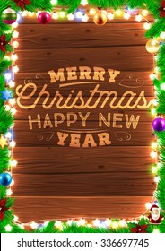 Christmas tree branches and Xmas Toys. Wood background. Old texture for retro holiday design. Illustration for Xmas and New Year design.