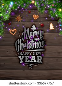 Christmas tree branches and Xmas Toys. Wood background. Old texture for retro holiday design. Illustration for Xmas and New Year design.