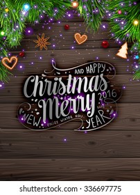 Christmas tree branches and Xmas Toys. Wood background. Old texture for retro holiday design. Illustration for Xmas and New Year design.