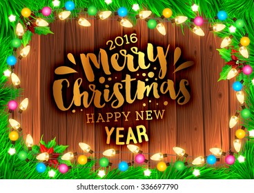 Christmas tree branches and Xmas Toys. Wood background. Old texture for retro holiday design. Illustration for Xmas and New Year design.