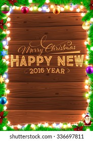 Christmas tree branches and Xmas Toys. Wood background. Old texture for retro holiday design. Illustration for Xmas and New Year design.