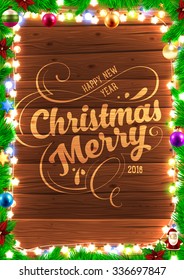 Christmas tree branches and Xmas Toys. Wood background. Old texture for retro holiday design. Illustration for Xmas and New Year design.