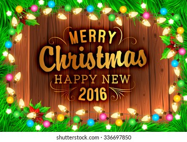 Sucursais de árvores de Natal e brinquedos de Natal. Fundo de madeira. Textura antiga para design retrô de férias. Ilustração para Xmas e design de Ano Novo.
