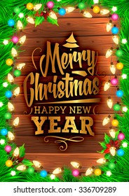 Christmas tree branches and Xmas Toys. Wood background. Old texture for retro holiday design. Illustration for Xmas and New Year design.