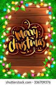 Christmas tree branches and Xmas Toys. Wood background. Old texture for retro holiday design. Illustration for Xmas and New Year design.