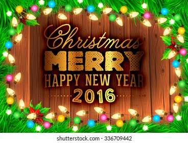 Christmas tree branches and Xmas Toys. Wood background. Old texture for retro holiday design. Illustration for Xmas and New Year design.