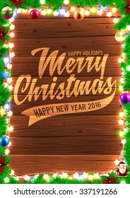 Christmas tree branches and Xmas Toys. Wood background. Old texture for retro holiday design. Illustration for Xmas and New Year design.