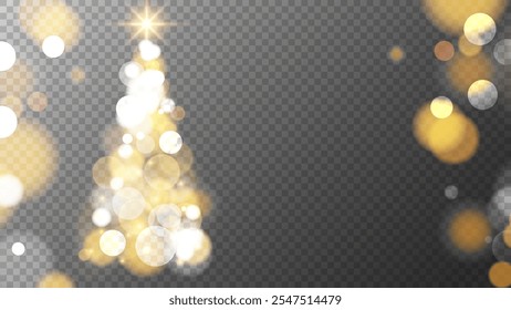 Árbol de Navidad y luces bokeh borrosas brillantes. Efecto de luces brillantes desenfocadas vibrantes. Fondo transparente. Plantilla de superposición. Ilustración vectorial.