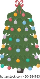 A Christmas tree. A bright Christmas tree decorated with festive toys, a garland and a red bow on the top of the head. Vector illustration of a Christmas pine tree isolated on a white background