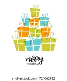 Christmas tree from bright gift boxes and text Merry Christmas. Vector background for holiday card, print, banner, poster, wallpaper, wrapping.
