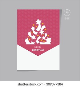 christmas tree brochure flyer design template size a5 / Christmas template of brochure flyer in red color with tree from the stars.