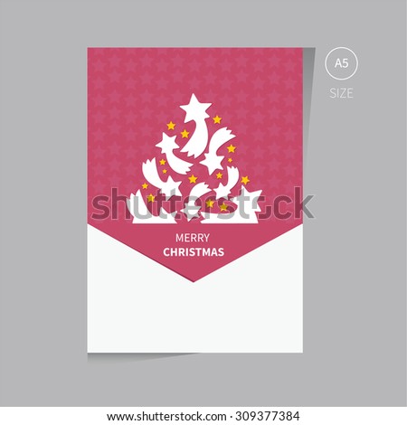 christmas tree brochure flyer design template size a5 / Christmas template of brochure flyer in red color with tree from the stars.