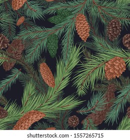 Christmas tree with brown cones hand drawn seamless pattern. Realistic fir branches, green pine. New year decorative print. Floral background. Stylish botanical wallpaper, wrapping paper vector design