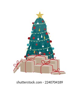 Christmas tree with brown paper presents. Merry Christmas inspiration. Vector illustration, flat design