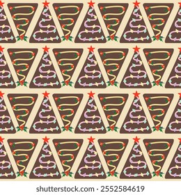 Christmas Tree of Brownie. Cream Background
seamless pattern. Vector.