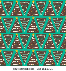 Christmas tree of brownie. Cute style. Mint background seamless pattern. Vector.