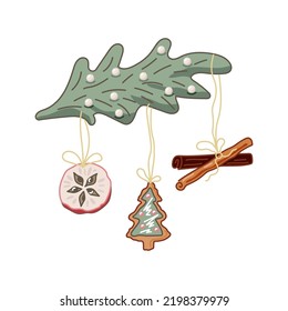 Christmas tree brunch with ornaments. Flat vector illustration.