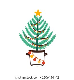 Christmas tree in bucket flat vector illustration. New Year pine decorated with garlands and balls isolated on white background. Winter holidays festive fir tree. Baubles hanging on branches.