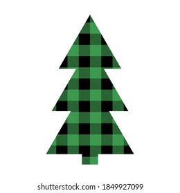 Christmas tree with Buffalo plaid ornament in red, green, blue and black. Tartan plaid for festive background. Design for greeting card, pattern, banner.  Vector flat illustration.