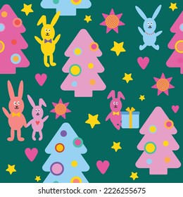 Christmas tree and bunny seamless pattern on green background. For textile, wrapping paper, packaging.