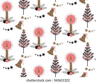 Christmas Tree, Burning Candle, Ornament, Bell & star seamless pattern on white background. Black, Gold, Pink, White vector backdrop. Christmas themed design. Hand drawn vintage winter illustration.