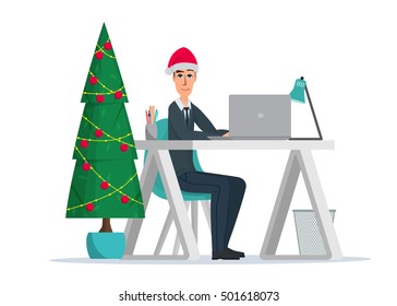 Christmas tree. Business man sitting at the table. Xmas party. Vector illustration isolated on white background in flat style.