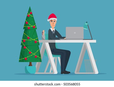 Christmas tree. Business man sitting at the table. Xmas party. Vector creative color illustrations flat design in flat modern style.