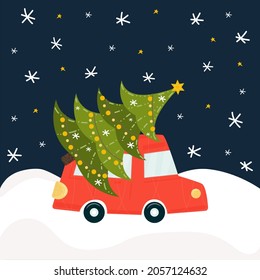 Christmas tree by car. Nice naive print. Dark time of the day, snowfall. New Year's holidays. trendy design for print, postcard, poster. Vector illustrations, cartoon