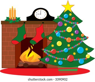Christmas tree by a fireplace decorated with stockings