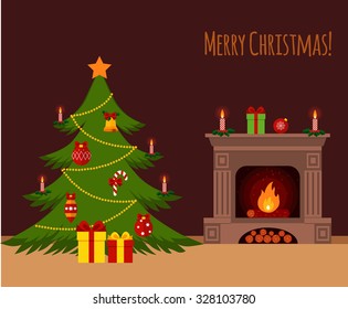 Christmas tree by the fireplace illustration made in flat style