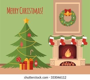 Árbol de Navidad junto a la ilustración de la chimenea hecha en estilo plano