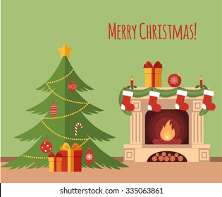 Christmas tree by the fireplace illustration made in flat style