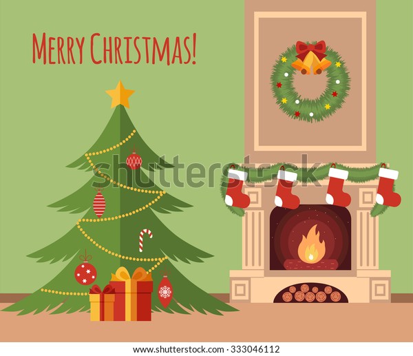 Christmas Tree By Fireplace Illustration Made Stock Vector (Royalty