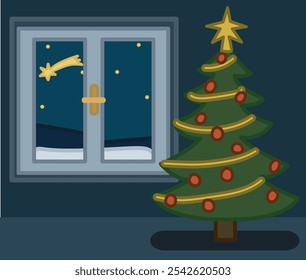 christmas tree by the window during night and comet star flat vector illustration on white background