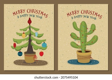 Christmas tree and cactus decorated with balls. Vector Christmas card template for your design