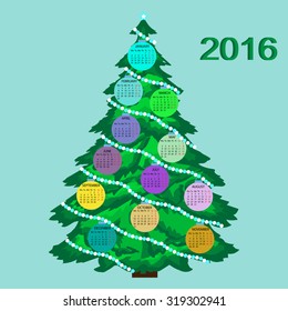 Christmas tree calendar 2016 new year. Week starts from Monday